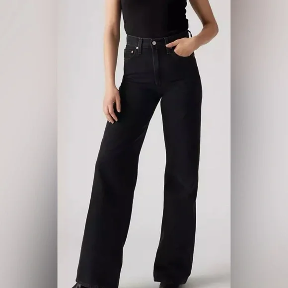 LEVI’S RIBCAGE WIDE LEG WOMEN'S JEANS BLACK 24W GREAT CONDITION - Picture 1 of 16